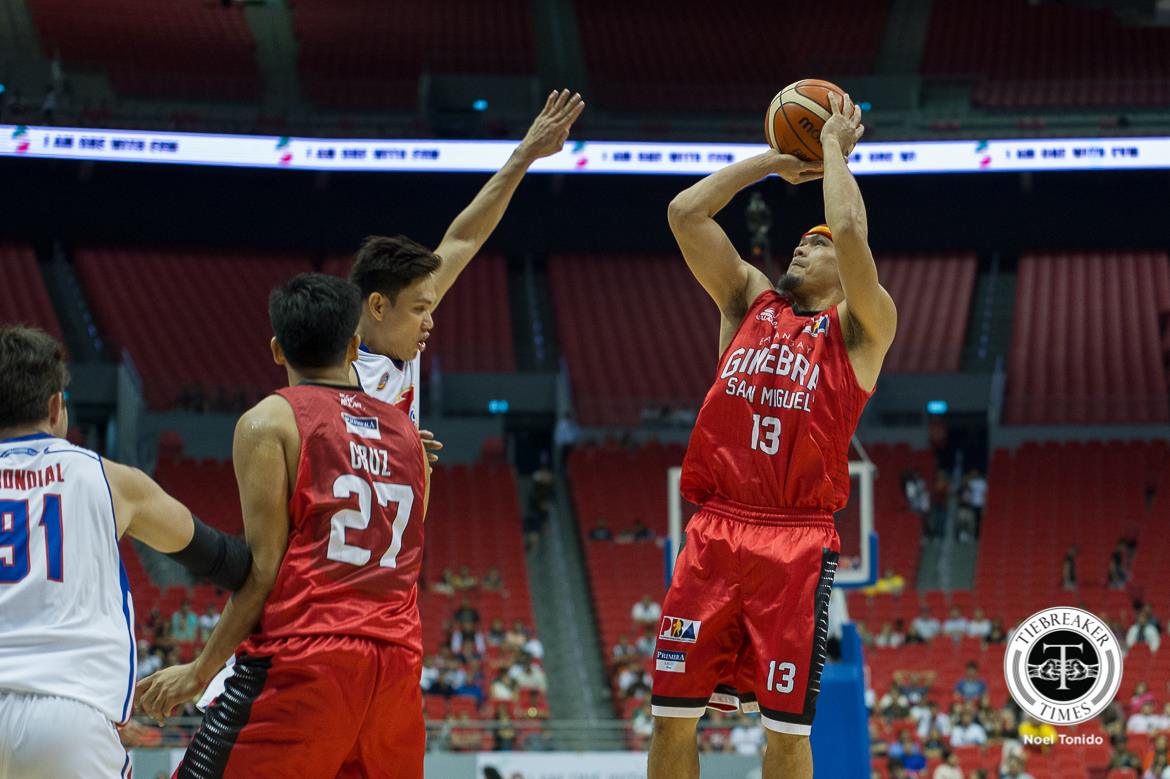 2018-PBA-Philippine-Cup-Ginebra-def-Magnolia-Mark-Caguioa-shooting Mark Caguioa pays tribute to buddy Jayjay Helterbrand, knocks down 700th triple Basketball News PBA  - philippine sports news