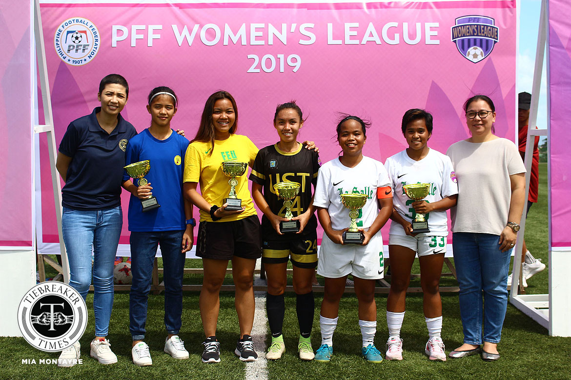 PFFWL-2019-Awardees-Fernando-Bandoja-Pariña-Cadag-Delos-Reyes-Dela-Cruz-Sarmiento La Salle takes PFFWL three-peat DLSU FEU Football News PFF Women's League UST  - philippine sports news