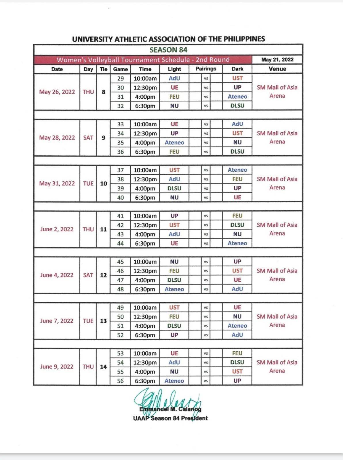 UAAP-Season-84-Womens-Volleyball-Schedule NU puts streak on the line vs La Salle to open UAAP 84 second round ADMU AdU DLSU FEU News NU UAAP UE UP UST Volleyball  - philippine sports news
