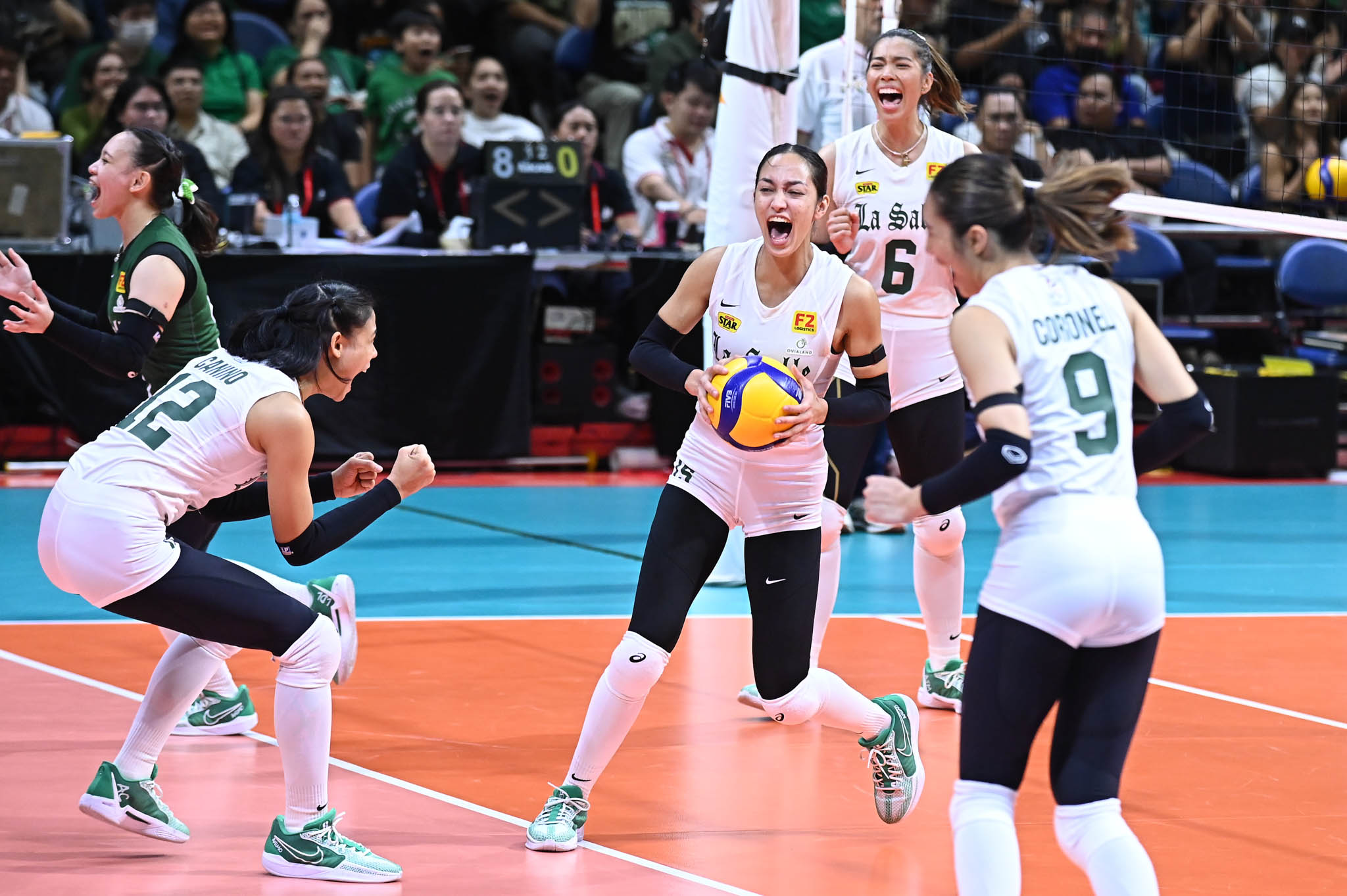 DLSU celebrate win in rivalry match-up against NU in UAAP 86 Women's Volleyball action