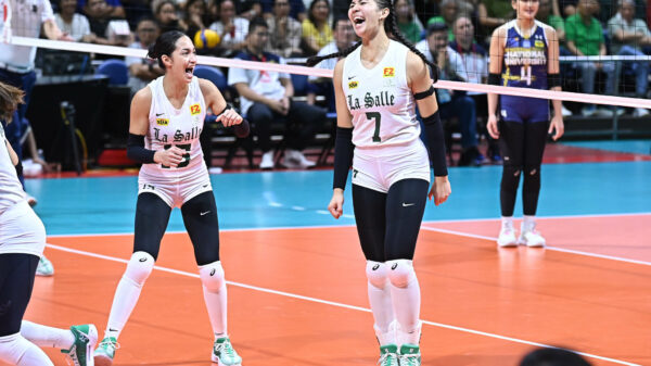 DLSU celebrates its win over NU in their UAAP S86 Women's Volleyball match-up