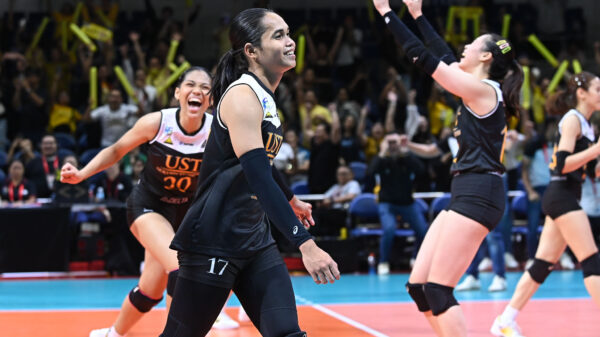 UST celebrate after surviving Adamson in a four-set thriller for Saturday night's UAAP 86 Women's Volleyball closing match