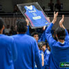 Japeth Aguilar lifts a framed jersey at a retirement tribute with Gilas Pilipinas ahead of their game against Guam, at the Blue Eagle Gym